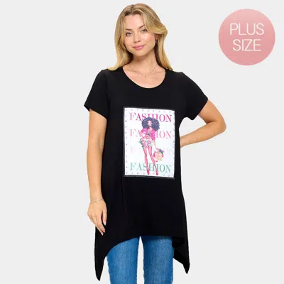 Truedames Stone Studded Fashion Message Glam Woman Printed Half Sleeve Top In Black