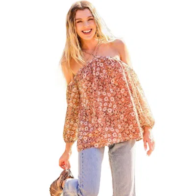 Truedames Strap Halter Neck Balloon Sleeve Floral Print Top In Pink