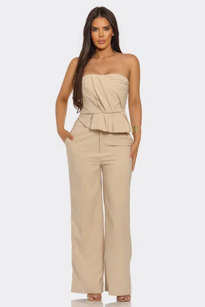 Truedames Strapless Asymmetric Pleated Top With Wide-leg Pants Set In Gray