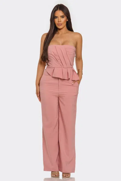 Truedames Strapless Asymmetric Pleated Top With Wide-leg Pants Set In Multi