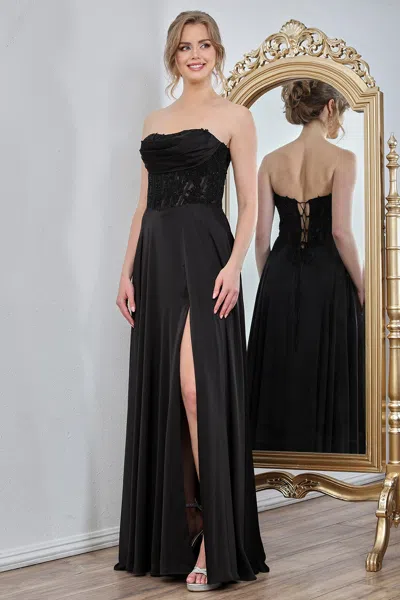 Truedames Strapless Corset Pleated A-line Formal Gown In Black