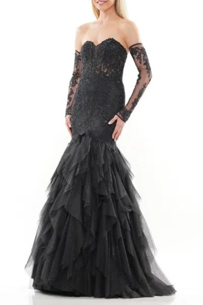 Truedames Strapless Embroidered Mesh Gown In Black