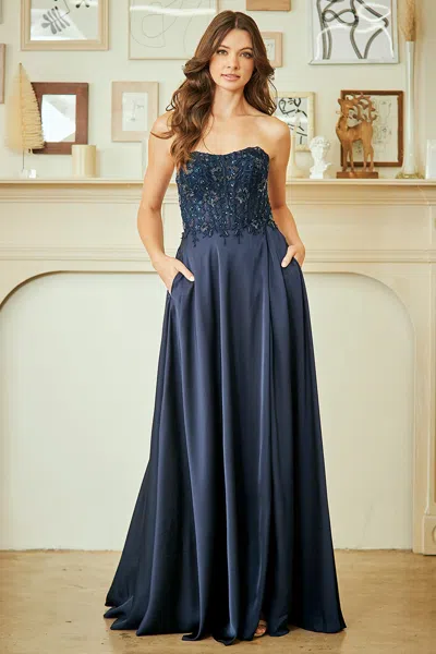 Truedames Strapless Lace Bodice Chiffon Evening Dress With Slit Formal Dress In Blue
