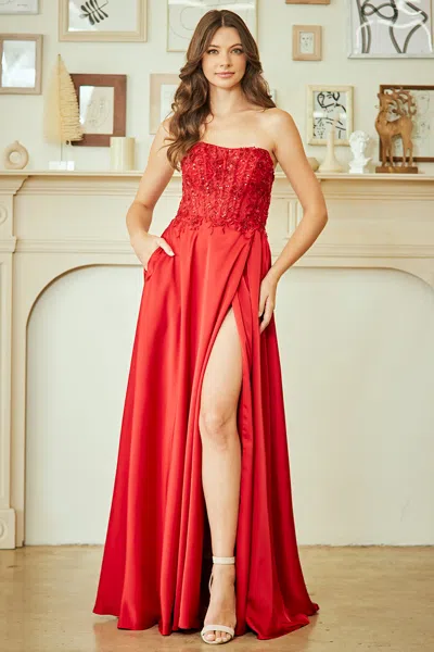 Truedames Strapless Lace Bodice Chiffon Evening Dress With Slit Formal Dress In Red