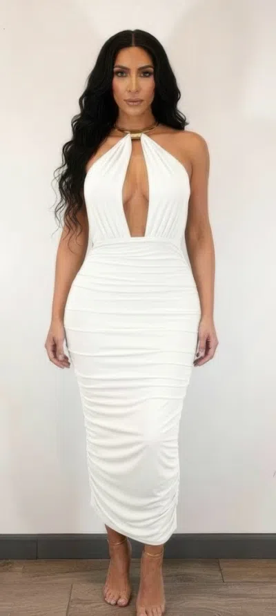 Truedames Strapless Necklace Detail Open Back Midi Dress In White