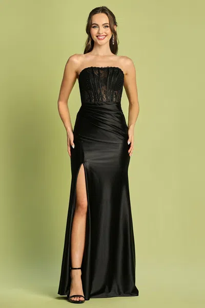Truedames Strapless Pleated Lace Corset Prom Formal Dress In Black