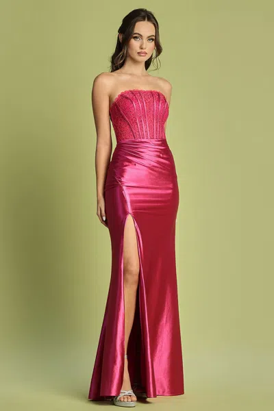 Truedames Strapless Pleated Lace Corset Prom Formal Dress In Pink