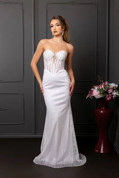 Truedames Strapless Sequin Corset Evening Gown Formal Prom Dress In White