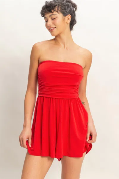 Truedames Strapless Shirred Waist Stretch Romper With Side Pockets In Red