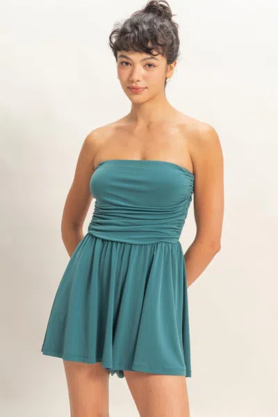 Truedames Strapless Shirred Waist Stretch Romper With Side Pockets In Blue