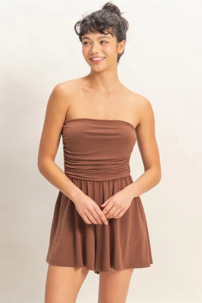 Truedames Strapless Shirred Waist Stretch Romper With Side Pockets In Brown