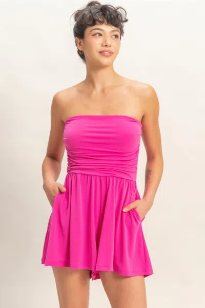 Truedames Strapless Shirred Waist Stretch Romper With Side Pockets In Pink