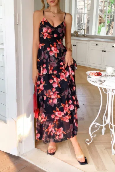 Truedames Straps Floral Print V Neck Patchwork Full Dress In Black