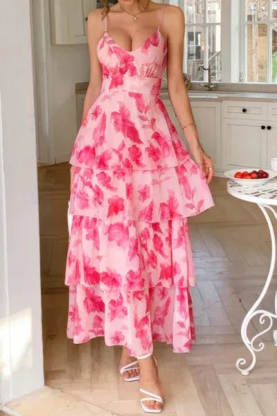 Truedames Straps Floral Print V Neck Patchwork Full Dress In Pink