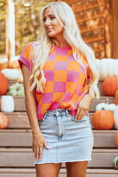 Truedames Strawberry Pink Colorblock Plaid Pattern Ribbed Trim Sweater Tank Top