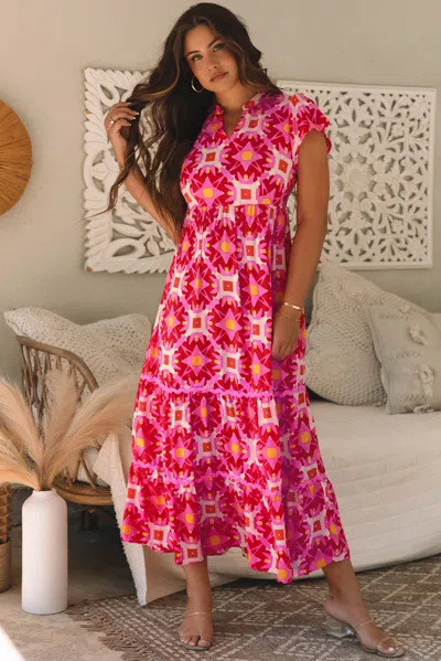 Truedames Strawberry Pink Geo Print V-neck Maxi Dress In Multi