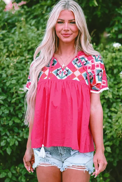 Truedames Strawberry Pink Geometric Embroidered Tassel Tie V Neck Blouse