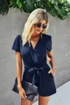 Truedames Stretch Belted Plunge Neck Wrap Knot Side Romper In Multi