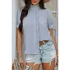 Truedames Strip Button Down Ruffle Hem Puff Short Sleeve Shirt In Blue