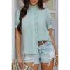 Truedames Strip Button Down Ruffle Hem Puff Short Sleeve Shirt In Green