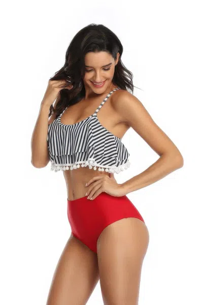 Truedames Strip Sleeveless High Waist Ruffle Bikini Sets In Multi