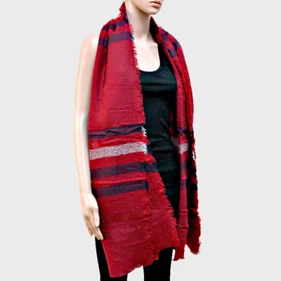 Truedames Stripe Accented Knit Shawl Scarf With Raw Fringe Trim In Red