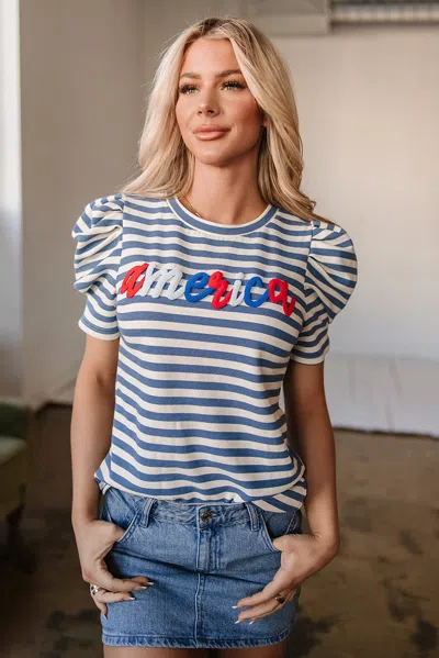 Truedames Stripe America Cursive Graphic Puff Sleeve T-shirt In Blue