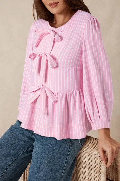 Truedames Stripe Bowknot Front Crew Neck Puff Sleeve Blouse In Pink