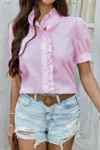 Truedames Strip Button Down Ruffle Hem Puff Short Sleeve Shirt In Black