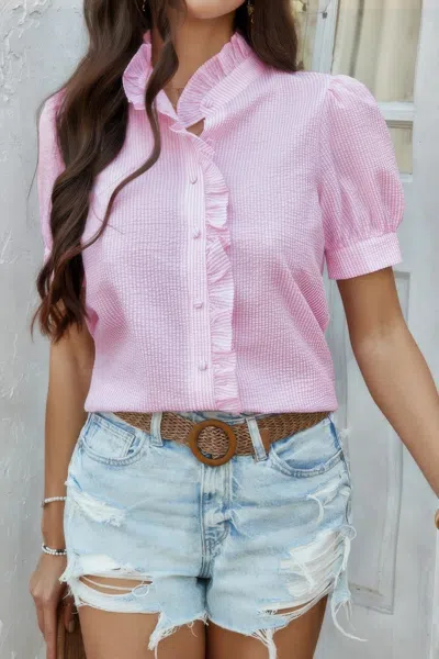 TRUEDAMES STRIPE BUTTON DOWN RUFFLED FRONT TRIM SHIRT