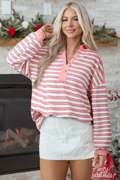 Truedames Stripe Buttoned V Neck Colla Drop Shoulder Top In Pink