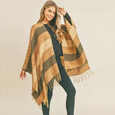 Truedames Stripe Chevron Tassel Ruana Poncho In Beige