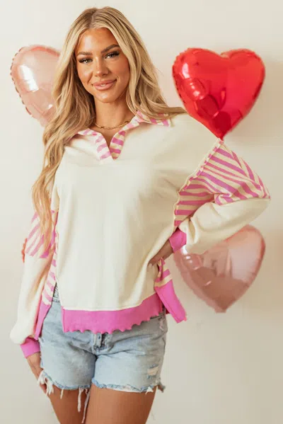 Truedames Stripe Colorblock Patchwork Colla French Terry Knit Top In Pink