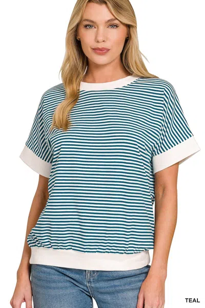 Truedames Stripe Contrast Trim Banded Bottom Top In Green