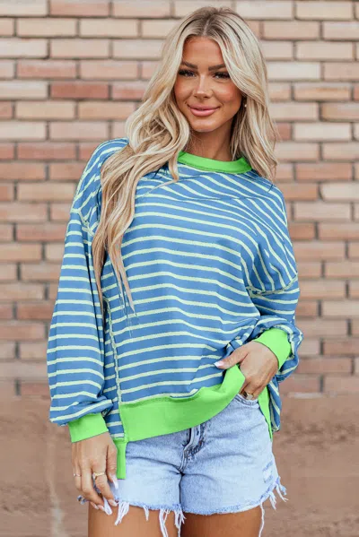 Truedames Stripe Contrast Trim High Low Pullover Tunic Sweatshirt In Blue