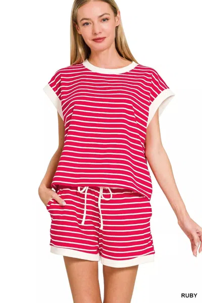 Truedames Stripe Contrast Trim Top & Shorts Set In Red