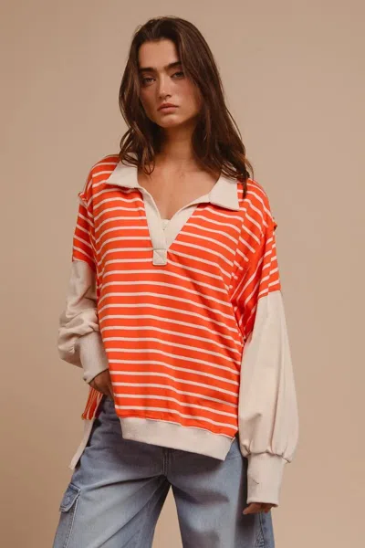 Truedames Stripe Knit Loose Fit Top With Cut Edge Detail In Orange