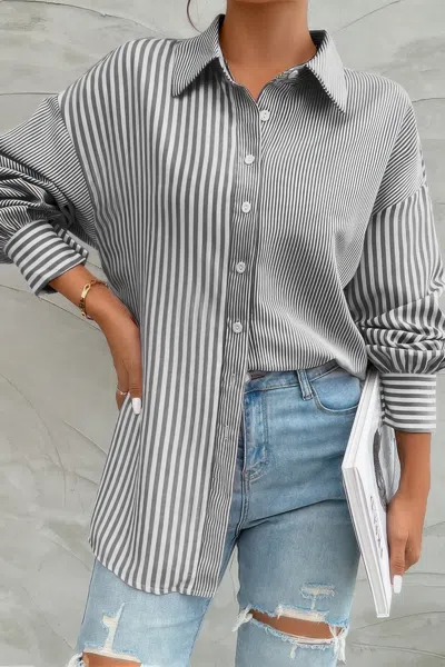 Truedames Stripe Print Button Down Long Sleeve Collar Shirt In Black