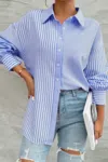 Truedames Stripe Print Button Down Long Sleeve Collar Shirt In Blue