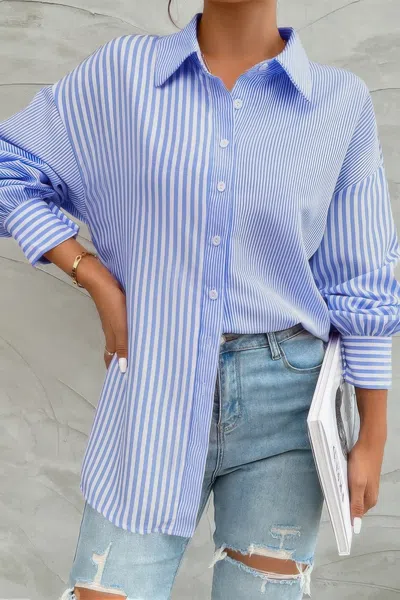 Truedames Stripe Print Button Down Long Sleeve Collar Shirt In Blue