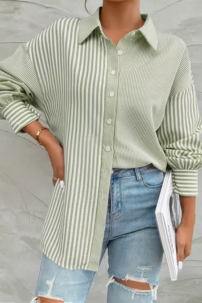 Truedames Stripe Print Button Down Long Sleeve Collar Shirt In Green