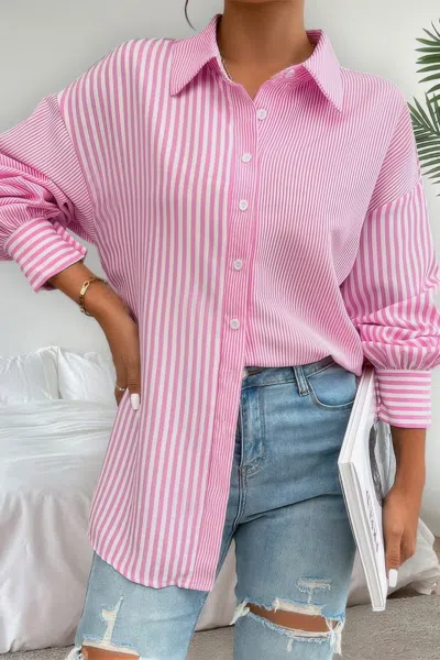Truedames Stripe Print Button Down Long Sleeve Collar Shirt In Pink