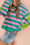Truedames Stripe Star Patchwork Round Neck Pullover Sweatshirt In Multi