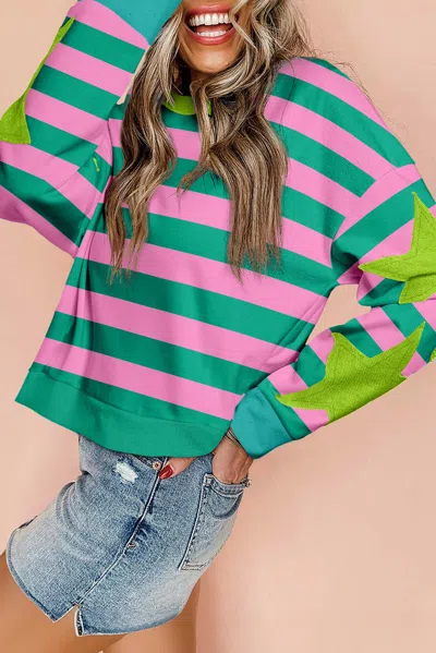 Truedames Stripe Star Patchwork Round Neck Pullover Sweatshirt In Multi