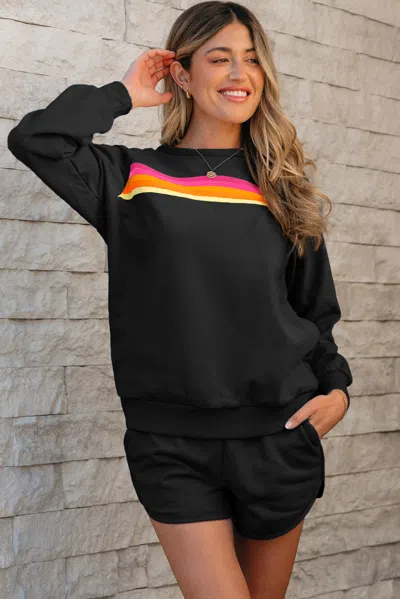 Truedames Striped Accent Pullover And Shorts Two Piece Casual Set In Black