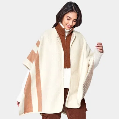 Truedames Striped Button Closure Cape Ruana Poncho In Beige