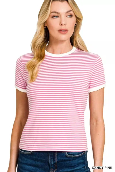 Truedames Striped Contrast Trim Tee In Pink