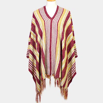 Truedames Striped Fringe Edge Poncho Sweater In Red