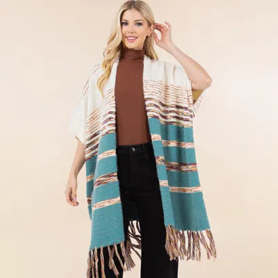 Truedames Striped Fringe Open Front Poncho Cardigan In Red