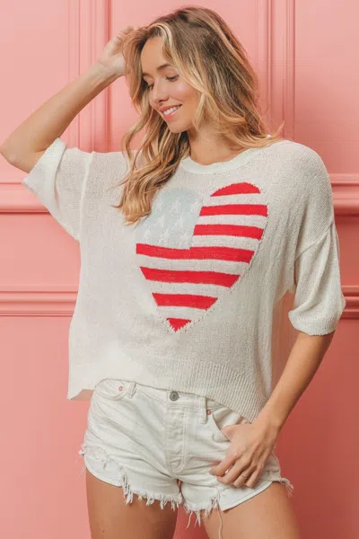 Truedames Striped Heart Contrast Knit Top In White